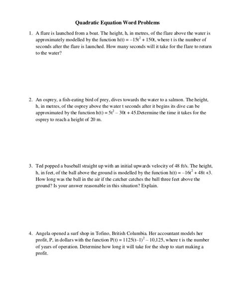 quadratic functions word problems worksheet with answers